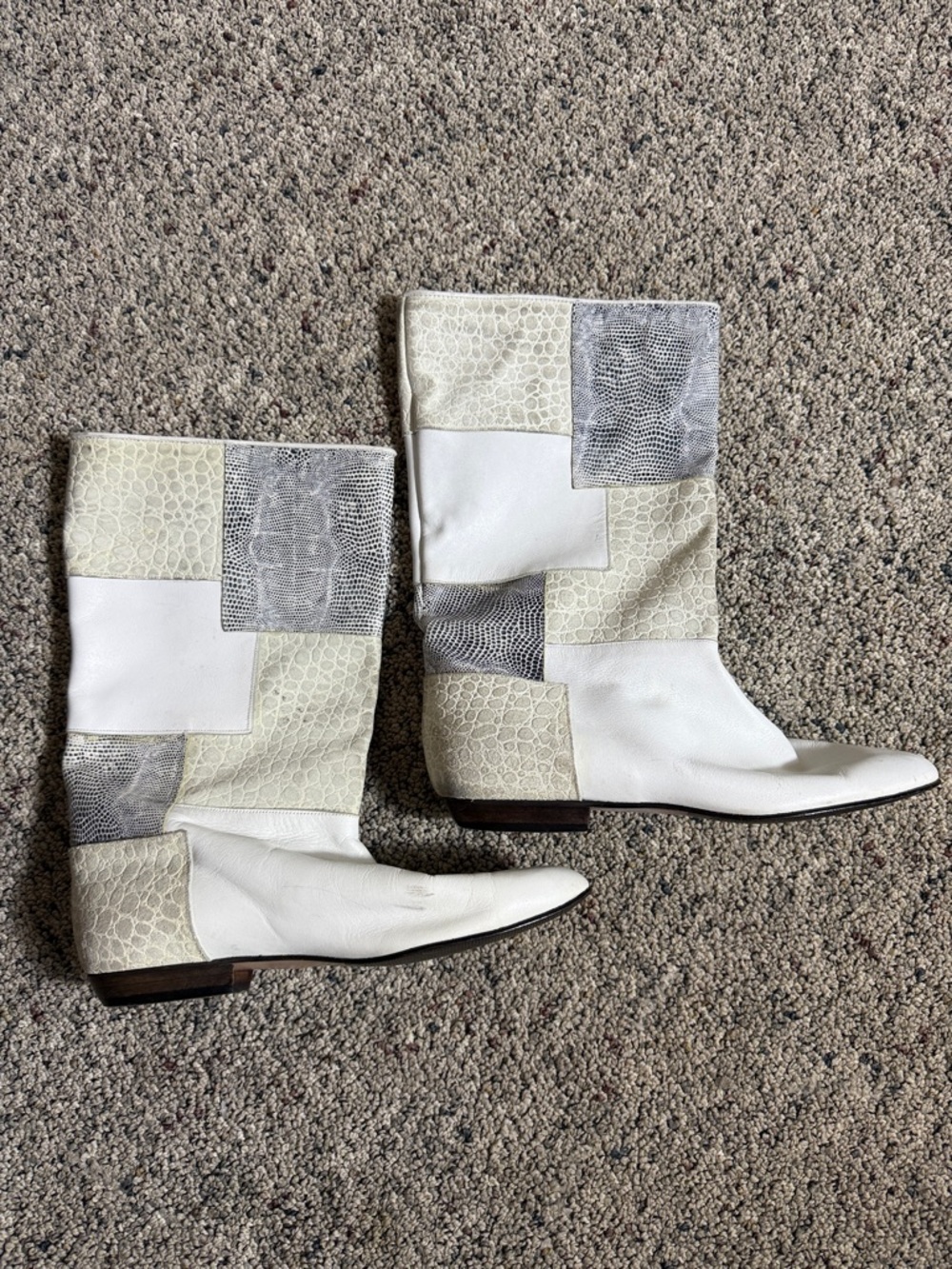 Vintage PAUL Melian Patchwork Leather White w Gray & Off White Embossed Boots 8